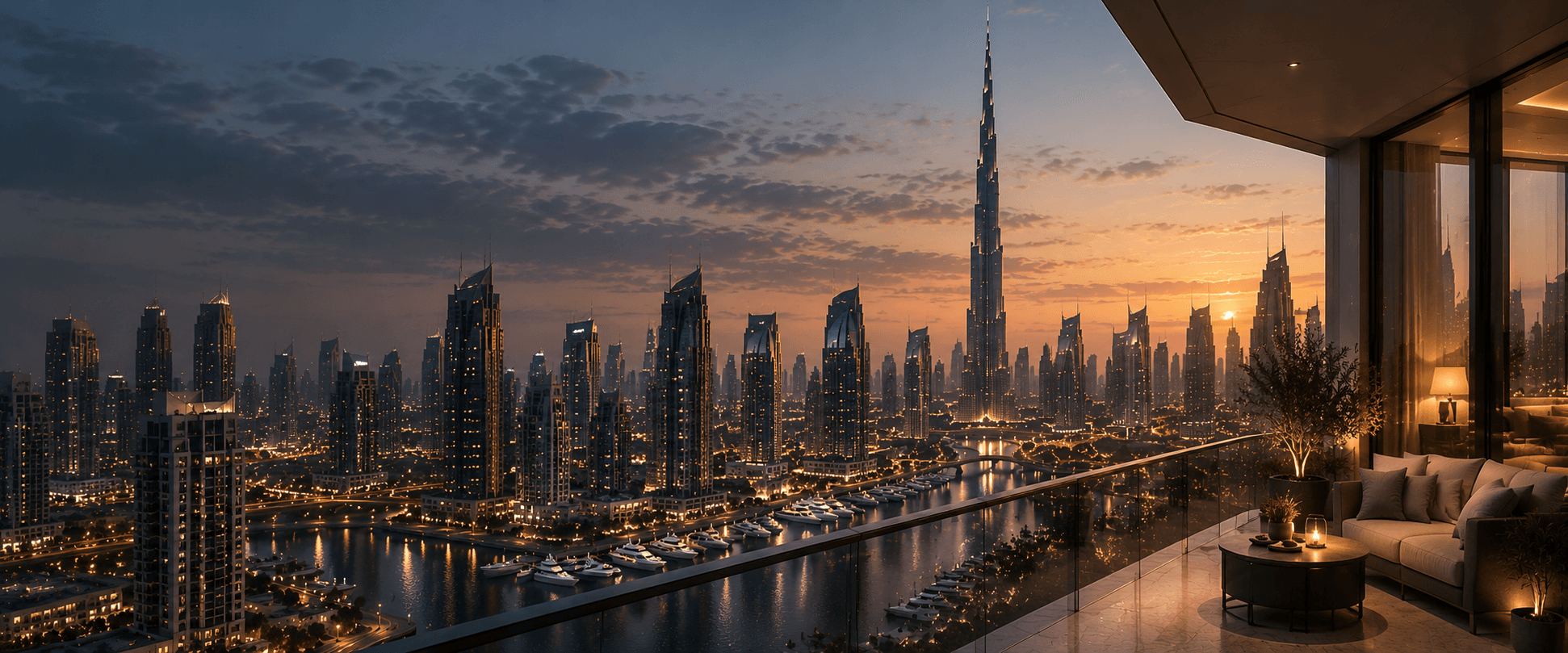 Dubai skyline viewed from a luxury apartment balcony